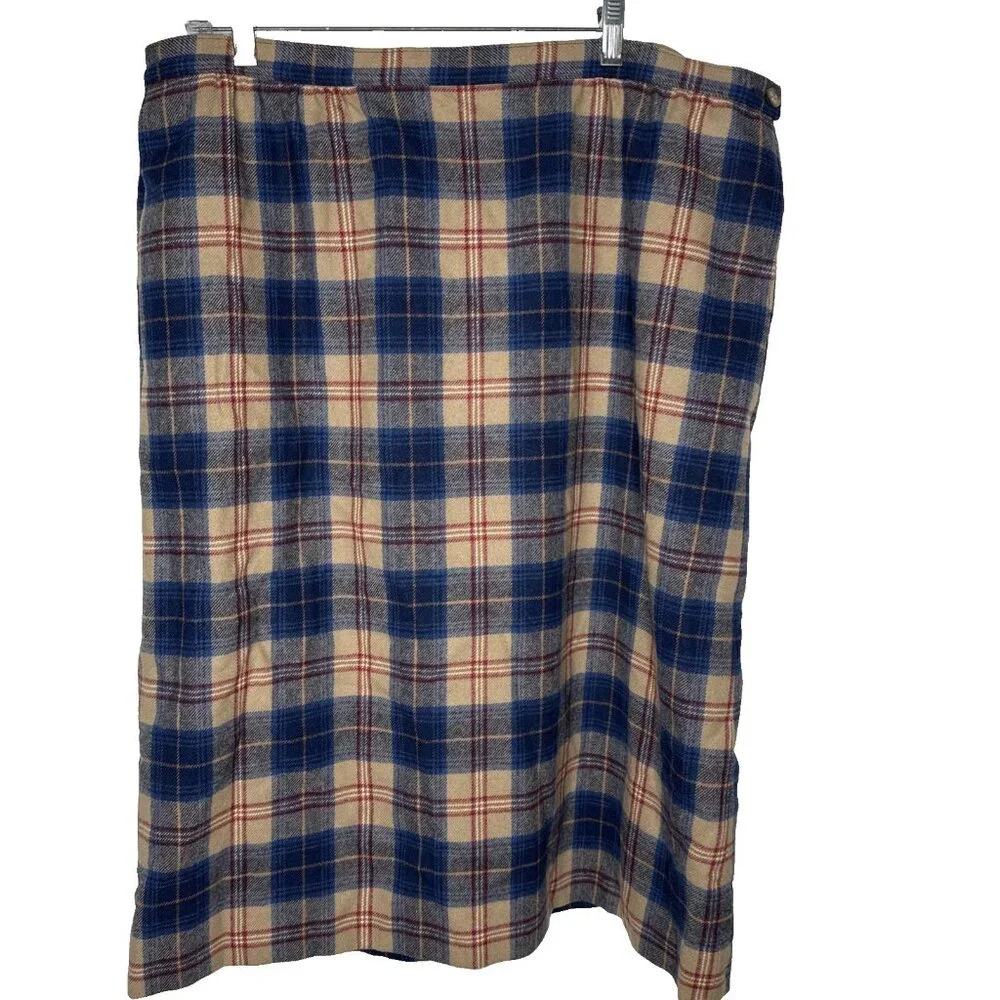 Vintage Pendleton Cailean Tartan Wool Skirt Tan Blue Plaid Size 22 USA Preppy